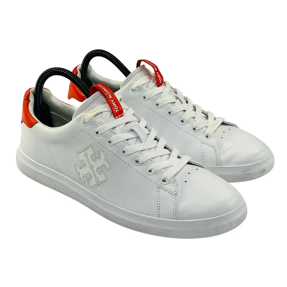 Tory Burch Double T Howell Court Sneaker Women 9 White Red Leather Designer Shoe